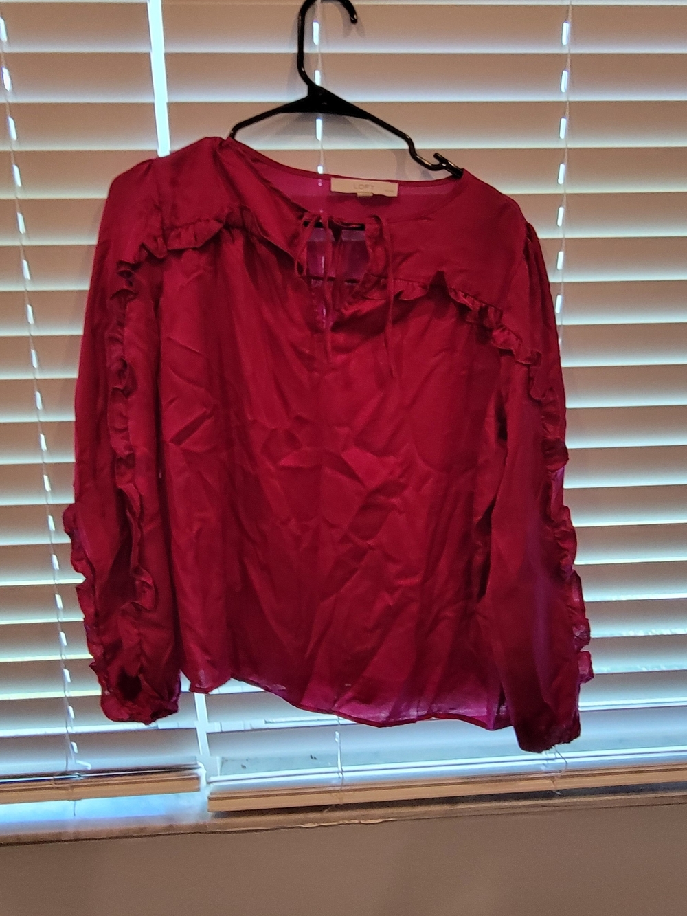 LOFT Raspberry Ruffle Tie-Neck Blouse